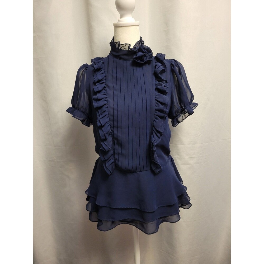 Womens Small Blouse Navy High Neck Peplum Puff Sleeves Ruffles Chiffon Coquette